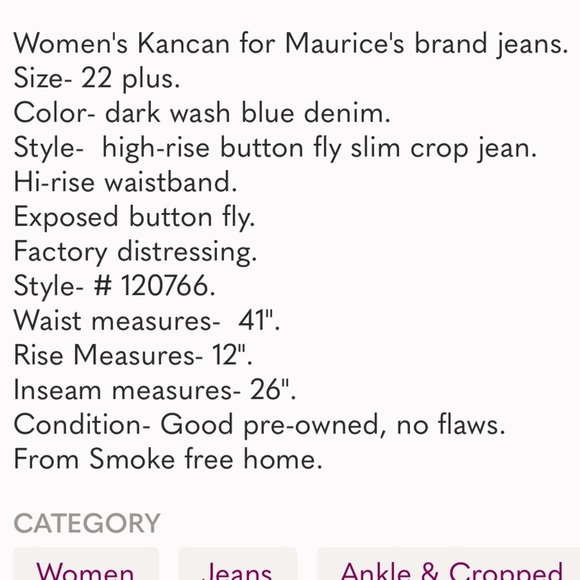 Kancan Maurices Highrise Buttonfly Cropped Jeans 22 Plus Size Denim Jean - Picture 9 of 9